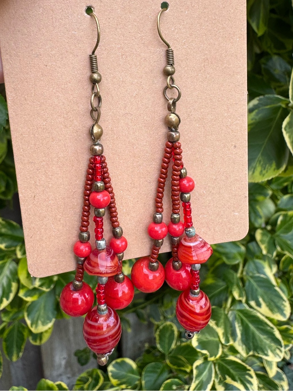 Hand Crafted Red Glass Beaded Dangle Earrings - Brass